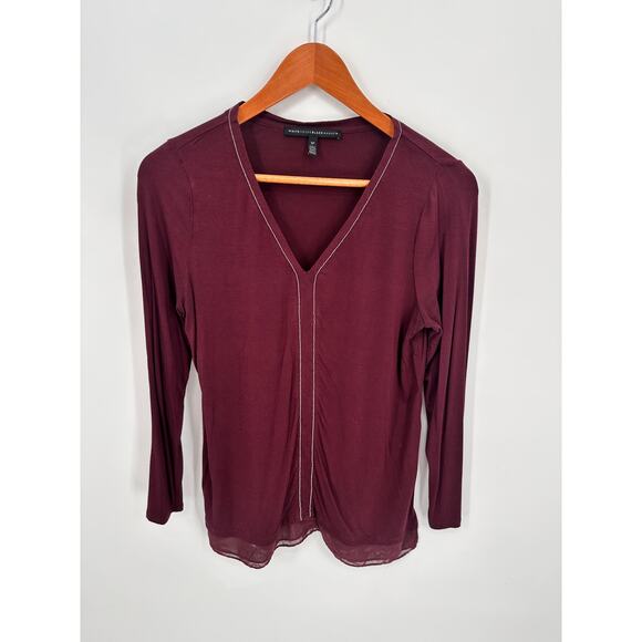 WHITE HOUSE BLACK MARKET Maroon V Neck Metallic Trim Jersey Top  // S Petite - Picture 1 of 7
